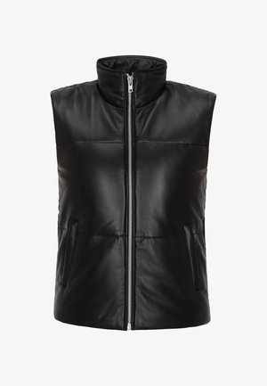 Zwarte mouwloze leren bodywarmer met hoge kraag en voorrits, met twee zijzakken.