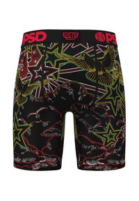Black boxer shorts featuring a bold graphic design with clouds, stars, and eagles in red, green, and yellow against a textured background.