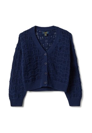 Cardigan blu navy lavorato a maglia con scollo a V, maniche lunghe e motivo strutturato. Presenta una chiusura con bottoni e polsini e orlo a coste.