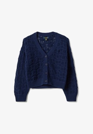 Marineblauwe gebreide cardigan met een V-hals, lange mouwen en een textuurpatroon. Voorzien van een knoopsluiting en geribbelde manchetten en zoom.