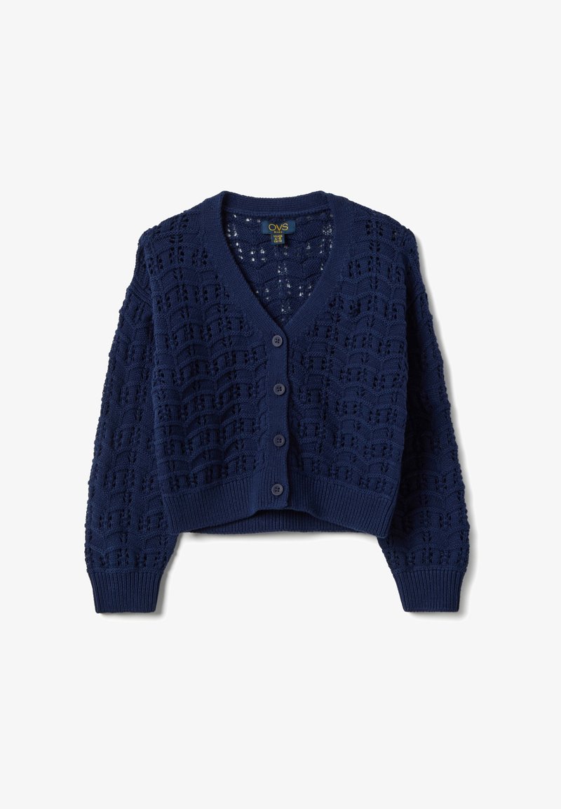 Marineblauer gestrickter Cardigan mit V-Ausschnitt, langen Ärmeln und einer strukturierten Musterung. Verfügt über eine Knopfleiste und gerippte Bündchen sowie Saum.