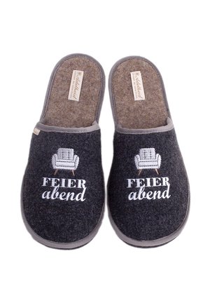 Gray felt slippers with a brown interior, featuring embroidered text "FEIER abend" and a white armchair design on the upper side.