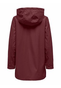 Bordeauxrote, wasserfeste Jacke mit Kapuze, mit glatter Textur, langen Ärmeln und geradem Schnitt, konzipiert für den Einsatz im Freien.