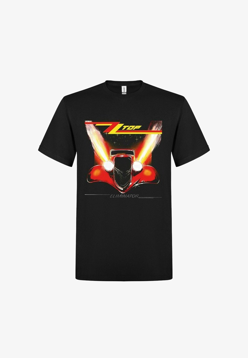 Zwarte katoenen t-shirt met een levendige graphic van een rode auto met koplampen, vlammen en de tekst "ZZ TOP ELIMINATOR" in het geel erboven.