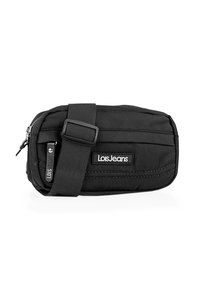 Bolsa de tela negra con cierre de cremallera, correa ajustable, superficie texturizada y un destacado logo de Lois Jeans en un lateral.