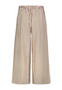 Bequeme, weit geschnittene Hosen in Creme mit feinen braunen vertikalen Streifen. Elastischer Bund, leichtes Material und keine Taschen. Mäßiger Fall und Fluss.