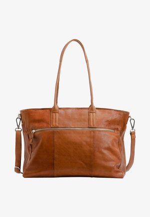 Tamnasta kožna torba s dva ručka i odvojivim remenom za rame. Ima prednji zip zatvarač i glatku, reljefnu površinu.