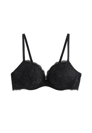 Sort blonde-bh med polstrede skåle, justerbare stropper og bølgede kanter. Har blomsterprint og en subtil skinnende tekstur.