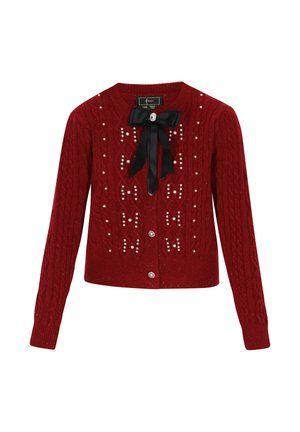 Cardigan en tricot rouge avec des perles décoratives, un nœud en satin noir et des boutons métalliques. Manches longues et design ajusté.