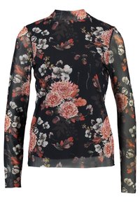 Blus med långa ärmar i svart transparent tyg, med stora rosa och vita blommor samt mörkgröna blad, hög halsringning.