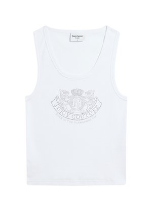 White Juicy Couture sleeveless tank top with rhinestone emblem and text "Juicy Couture" and crown logo on front.