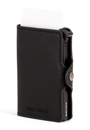 Portafoglio in pelle nera con un design minimalista, caratterizzato da un logo impresso, una texture liscia e un compartimento per contenere le carte.