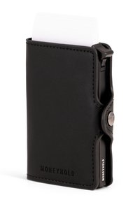 Portofel din piele neagră, cu un design minimalist, având un logo embossat, textură netedă și un compartiment pentru păstrarea cardurilor.