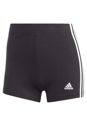 Black Adidas athletic shorts with white three-stripe detail on sides and Adidas logo on front lower right leg.