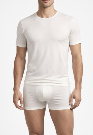 Uomo che indossa una maglietta bianca aderente a maniche corte e boxer bianchi, in piedi davanti a uno sfondo semplice.