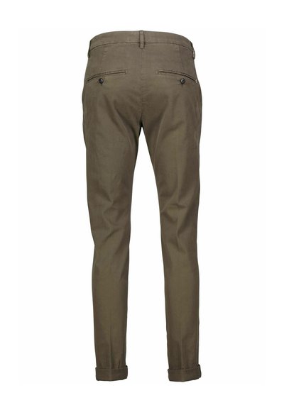 Brown slim-fit chinos with two back buttoned pockets and cuffed hems, shown from the rear on a white background.