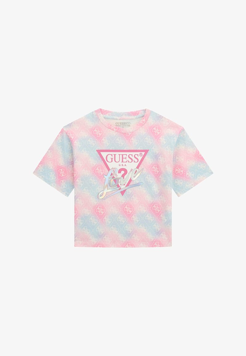 Roosa ja sinine lühikeste varrukatega lühike T-särk, millel on kolmnurkse kujundusega logo ja korduv muster kangal.