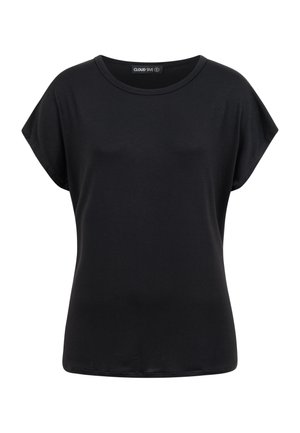 T-shirt nera da donna a maniche corte con scollo rotondo e vestibilità ampia, con una piccola etichetta del marchio sul colletto interno.