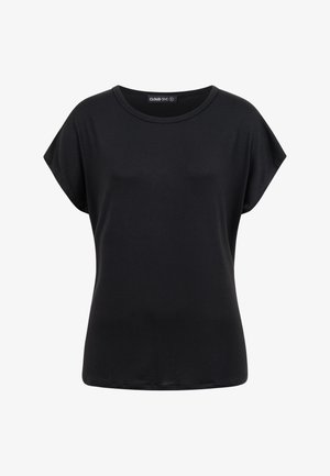 T-shirt noir pour femme à manches courtes, col rond et coupe ample, avec une petite étiquette de marque à l'intérieur du col.