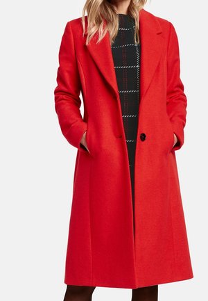 Rød uldblanding frakke med en skræddersyet silhuet, hakkrave, to frontlommer, enkelt knaplukning og knælængde design.