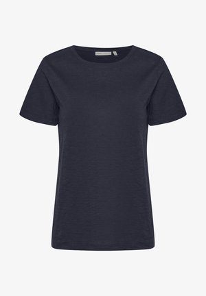 Marineblå T-shirt med korte ærmer lavet af blødt, letvægtsstof med rund halsudskæring og ensartet design. Har forskellige syningsdetaljer.