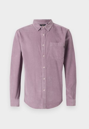 Long-sleeve shirt in soft lilac corduroy, featuring a button-down collar, front pocket, and five buttons in a matching color.