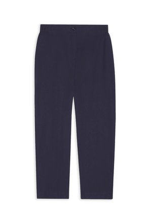 Pantalon bleu marine à jambes droites avec fermeture à bouton et zip, devant plat et sans poches visibles.