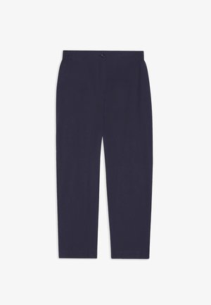 Pantalon bleu marine à jambes droites avec fermeture à bouton et zip, devant plat et sans poches visibles.