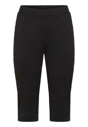 Pantalons noirs raccourcis avec passants de ceinture, plis devant et poches latérales, conçus pour une coupe ajustée.
