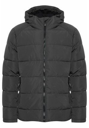 Schwarze gepolsterte Jacke mit Kapuze, ausgestattet mit einem Reißverschluss an der Vorderseite, gestepptem Design, elastischen Bündchen und verstellbaren Kordeln für die Kapuze.