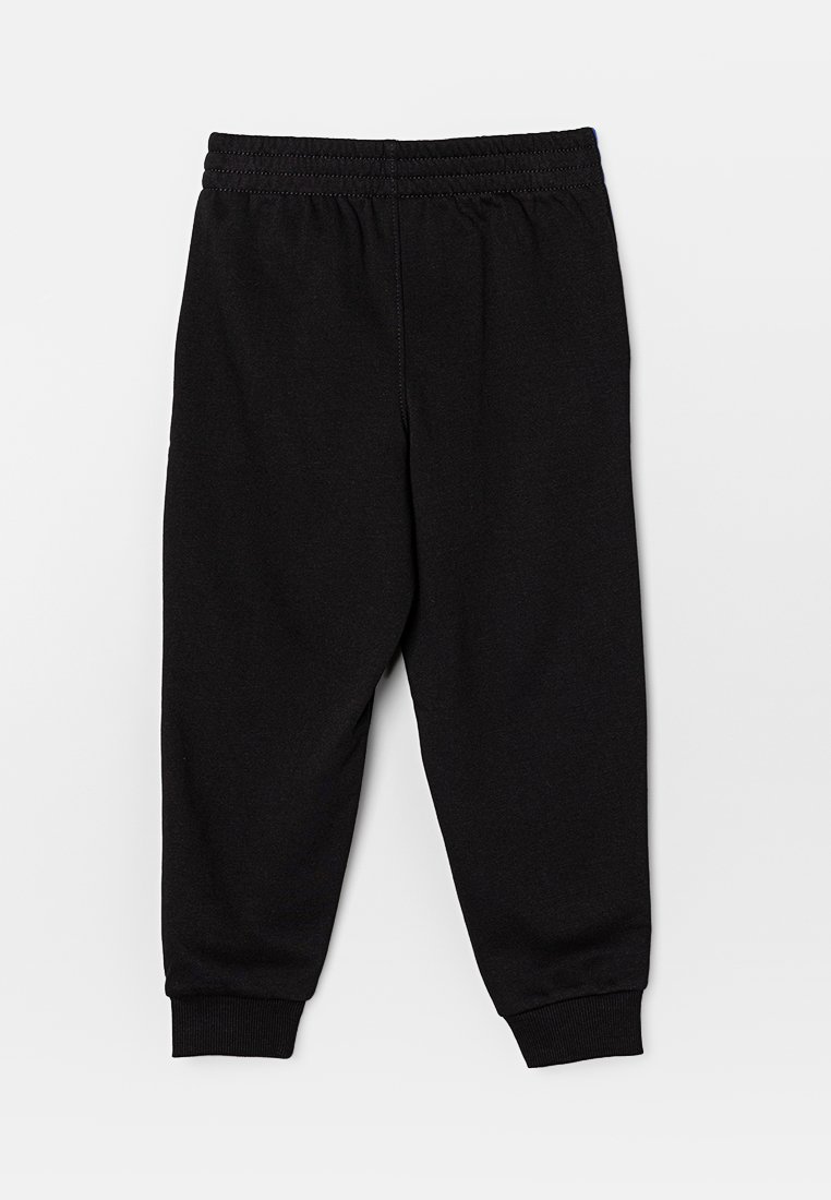 Pantalons de jogging en coton noir avec une taille élastique, des jambes effilées et des poignets côtelés. Texture lisse sans motifs ni accents visibles.