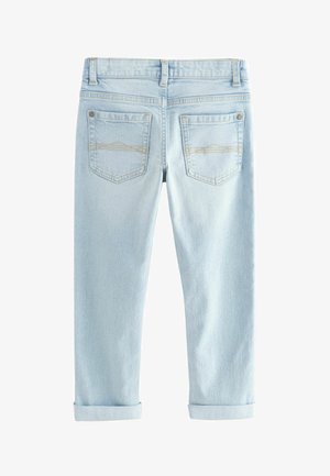 Jasnoniebieskie dżinsy z prostymi nogawkami, podwiniętymi mankietami i dwoma tylnymi kieszeniami z pojedynczymi przeszyciami.