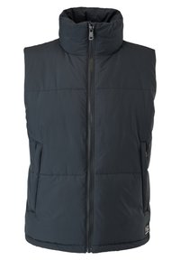 Schwarze gepolsterte Weste mit hohem Kragen, Frontreißverschluss und seitlichen Taschen; verfügt über eine gesteppten Struktur und ein dezentes Logo-Detail am Saum.