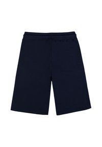 Pantaloni corti blu navy realizzati in tessuto morbido con vita elasticizzata. Presentano un taglio dritto e nessun motivo o accessorio evidente.