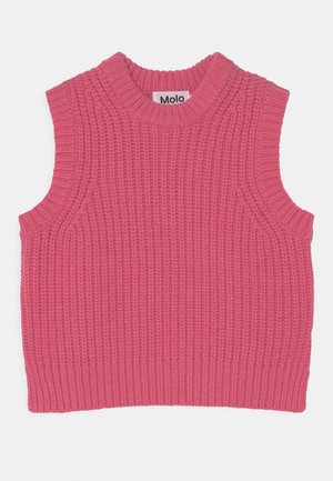 Rosa gestrickter ärmelloser Pullover mit geripptem Muster und hohem Kragen. Mit einem Etikett "Molo" am Kragen versehen.