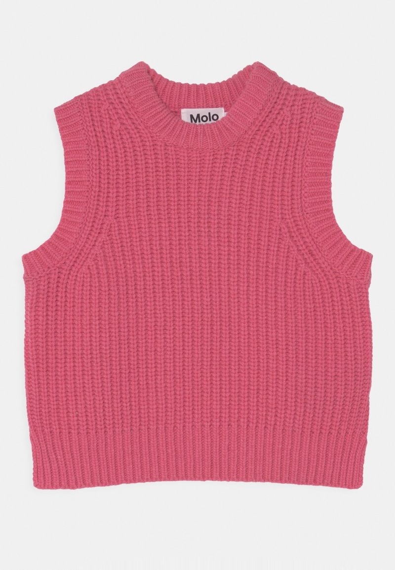 Pull sans manches rose tricoté avec une texture côtelée et un col montant. Présente une étiquette portant la mention « Molo » au niveau du col.