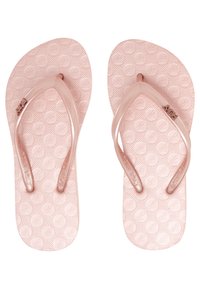 Lichtroze flip-flops met een gestructureerde voetbed met cirkelvormige patronen. Transparante banden met reliëfbranding op één band.