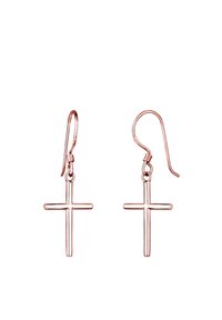 Roségoldohrringe mit einem schlichten Kreuzdesign, ausgestattet mit einer glatten Oberfläche und Hakenverschlüssen für ein einfaches Tragegefühl.