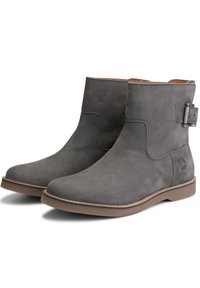 Šedé kožené kotníkové boty s hladkou texturou, bočním páskem a gumovou podrážkou. Disponují minimalistickým designem a kulatou špičkou.