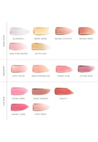 Campioni di varie tonalità cosmetiche: bianco, beige, oro, rosa e pesca. Finitura cremosa con diversi livelli di lucentezza e texture.