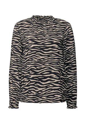 Halenka s dlouhým rukávem z lehkého materiálu s černo-beige zebra vzorem. Má smockovaný výstřih a nařasené manžety.