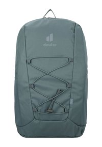 Grüner Stoff-Rucksack mit einer Front-Bungee-Schnur, Logo im oberen Bereich, Reißverschluss und Seitentaschen für zusätzlichen Stauraum.