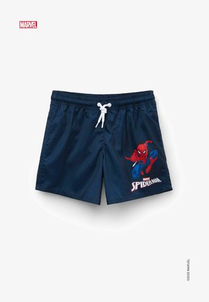 Marine zwembroek met een witte trekkoord, voorzien van een kleurrijke Spider-Man print en tekst op het linkerdij. Gemaakt van lichtgewicht, sneldrogend materiaal.