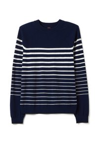 Maglione crewneck blu navy con strisce orizzontali bianche sul petto, maniche e torso, dotato di polsini e orlo a coste.