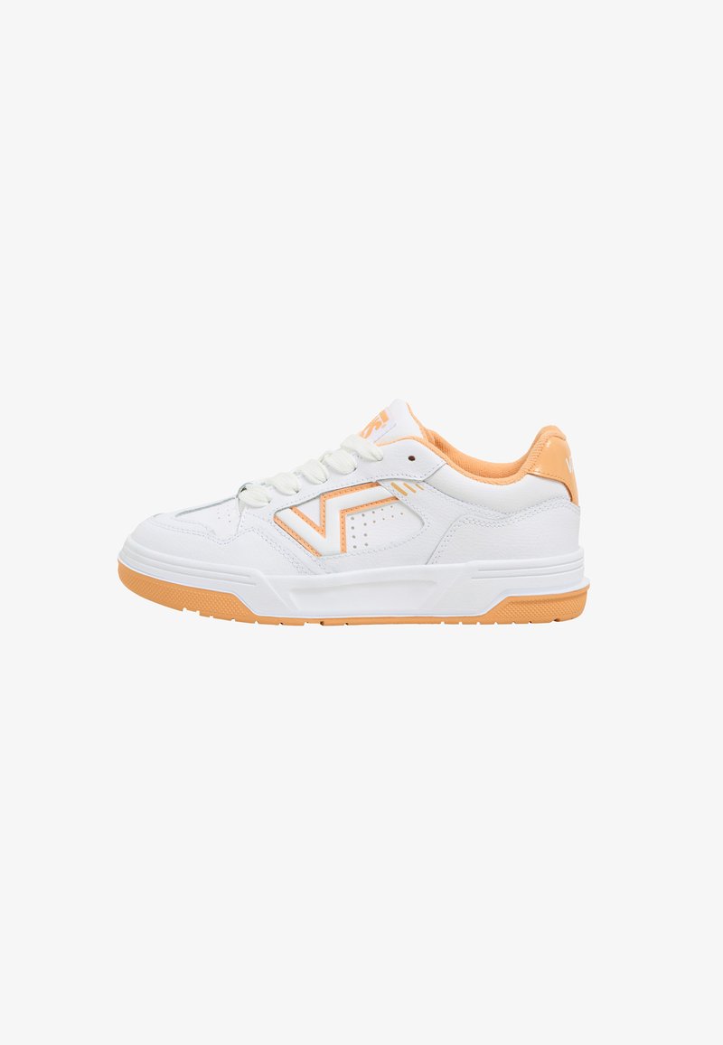 White sneaker with orange accents; features a smooth leather upper, perforated side panels, and a rubber sole with a textured tread.