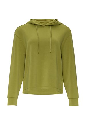 Long-sleeve hoodie in olive green, made from soft fabric. Features a drawstring hood and ribbed cuffs, with a relaxed fit and straight hem.