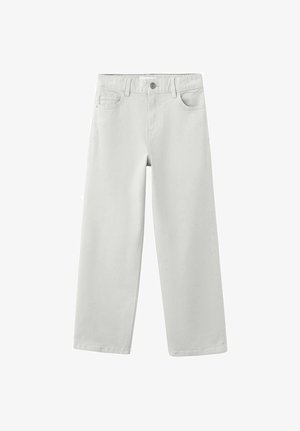 Biele džínsy s širokými nohavicami z denimu, s predným zapínaním na gombíky, dvoma bočnými vreckami a hladkou textúrou.