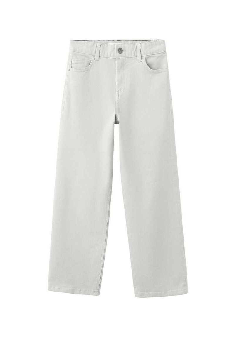 Vita jeans med vida ben i denim, med knappstängning framtill, två sidofickor och en slät textur.