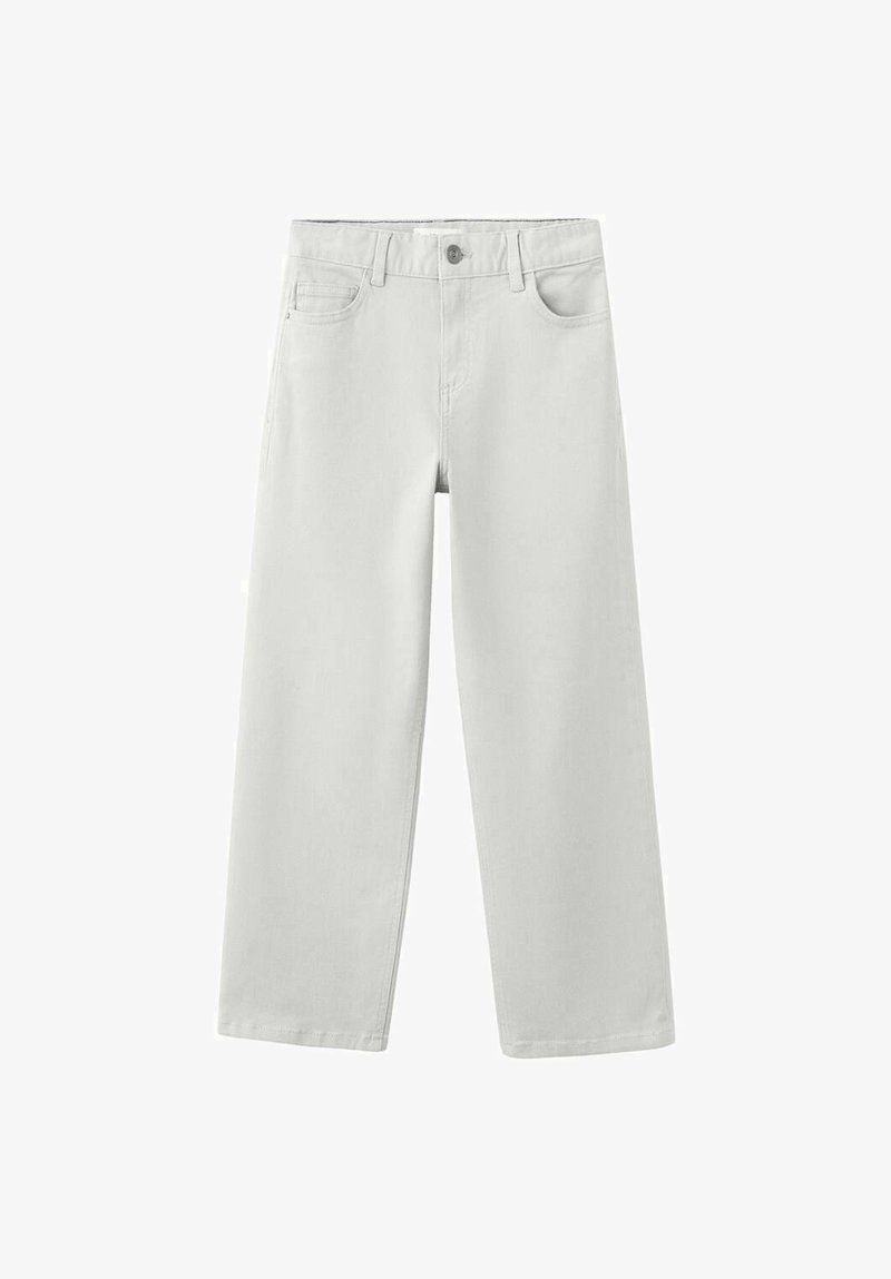 Jean blanc à jambes larges en denim, doté d'une fermeture à boutons sur le devant, de deux poches latérales et d'une texture lisse.