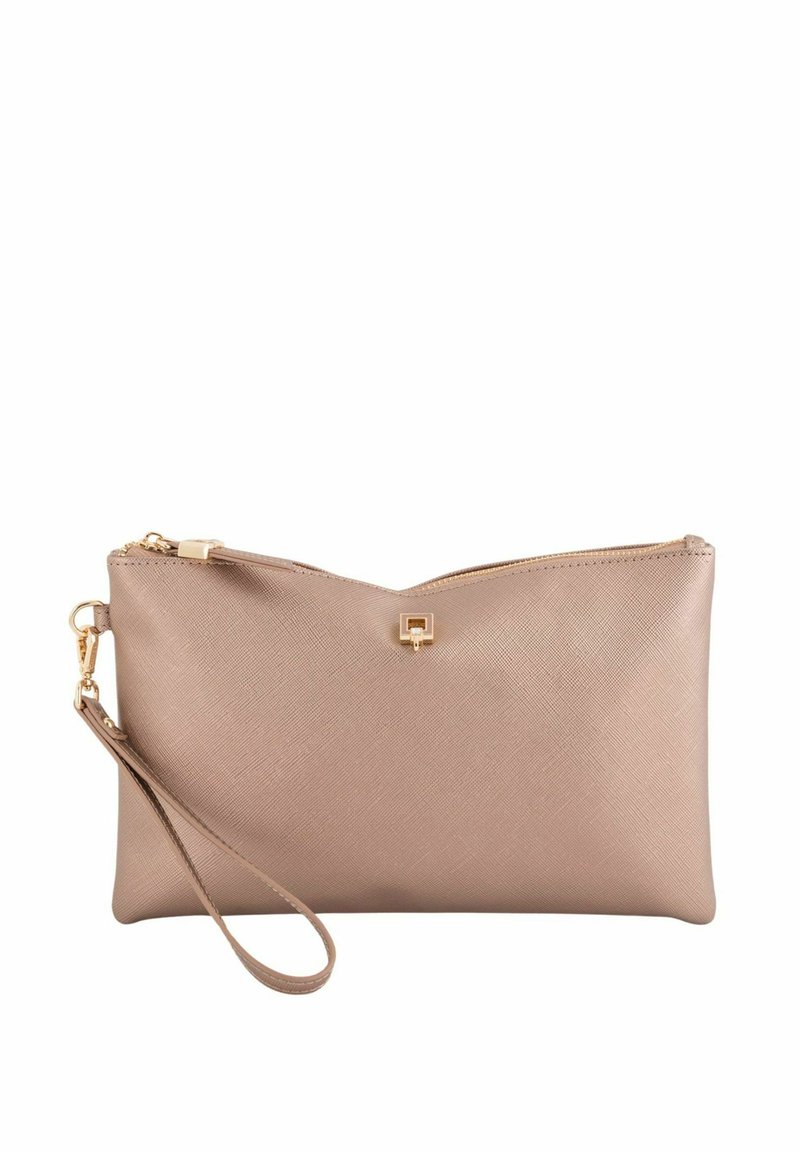 Beige syntetisk håndtaske med tekstureret overflade, lynlås og hardware i guldfarve. Har en håndledsrem for nem bæring.